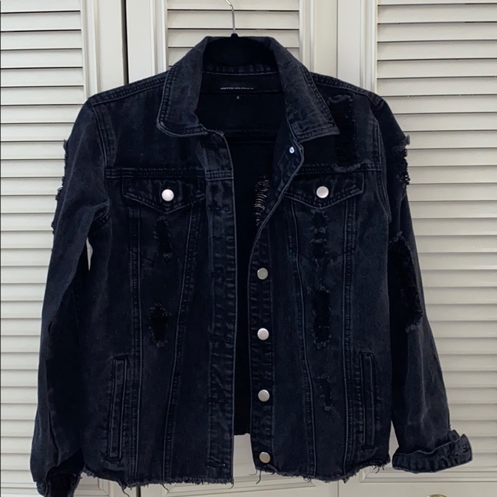 Pretty Little Thing distressed black jean jacket